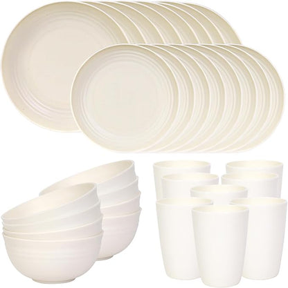 Quatish 32 Piece Plates and Bowls Sets for 8, Unbreakable Dinnerware Sets, Dish Set for Camping, Dishwasher Microwave Safe, Outdoor Kitchen and Apartment Dinning RV Essentials, Beige