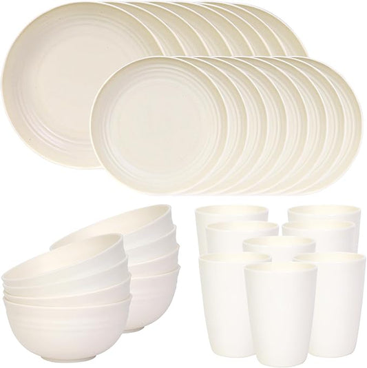 Quatish 32 Piece Plates and Bowls Sets for 8, Unbreakable Dinnerware Sets, Dish Set for Camping, Dishwasher Microwave Safe, Outdoor Kitchen and Apartment Dinning RV Essentials, Beige