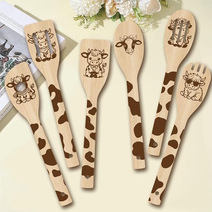 6Pcs 6 Styles Cow Cooking Utensils Set for Kitchen 2.4 x 11.8 Inch Bamboo Durable Utensils, Cute Kitchen Wooden Spoons for Housewarming Wedding Anniversary Thanksgiving Birthday Gift Use