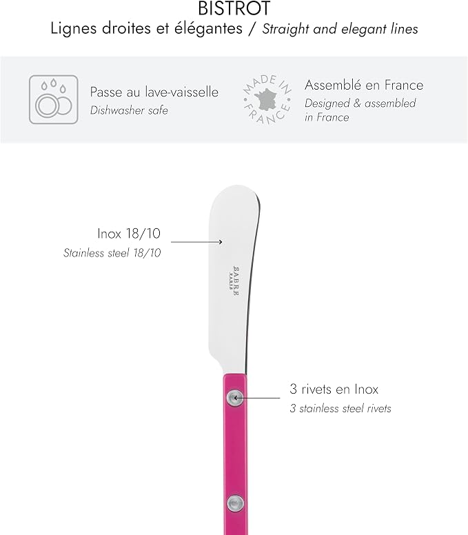 Sabre Paris - Set of 2 Spreader Knives 5.5 inches - Bistrot Collection - Perfect for Butter, Tapenades, Spreads - Stainless Steel & Nylon - Dishwasher Safe - Raspberry - Brilliant Finish