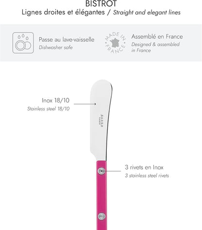 Sabre Paris - Set of 2 Spreader Knives 5.5 inches - Bistrot Collection - Perfect for Butter, Tapenades, Spreads - Stainless Steel & Nylon - Dishwasher Safe - Raspberry - Brilliant Finish