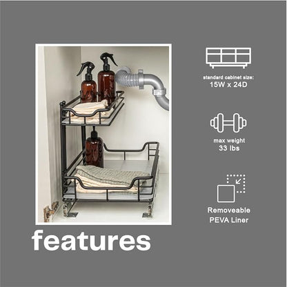 Household Essentials Matte Black Powder-Coated Steel Undersink Pull-Out Organizer with Plastic Accents