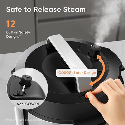 Cosori Pressure Cooker 6QT, Stainless Steel, 9-in-1 Multi Cooker, 12 Safety Features, Ceramic Inner Pot, Rice, Slow Cook, Sous Vide, Saute, 1100W