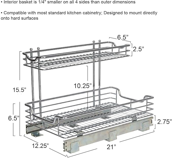 Household Essentials Glidez 2‑Tier Large Multipurpose Chrome‑Plated Steel Pull‑Out/Slide‑Out Under Sink Organizer, Chrome Finish