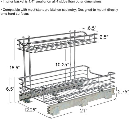 Household Essentials Glidez 2‑Tier Large Multipurpose Chrome‑Plated Steel Pull‑Out/Slide‑Out Under Sink Organizer, Chrome Finish