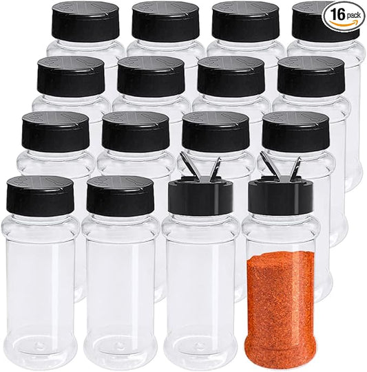 OJYUDD 16 Pack 3.4oz/100ml Plastic Spice Bottles Set,Empty Seasoning Containers with Black Cap,Clear Reusable Containers Jars for Spice,Herbs,Powders,Glitters