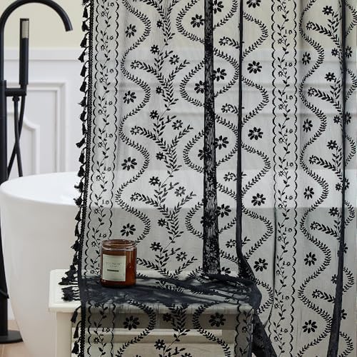 WAZZIO Black Lace Shower Curtain - Vintage Pretty Floral Sheer Shower Curtains Goth, Decorative Tassel Bath Curtains for Bathroom, 72 x 72 Inch, 1 Panel