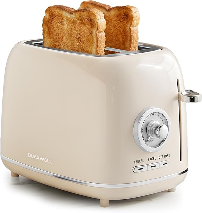 2-Slice Toaster, Wide Slots, 7 Bread Shade Settings, Stainless Steel, Bagel, Cancel, and Defrost Functions, Removable Crumb Tray, Retro Style Toaster,Beige
