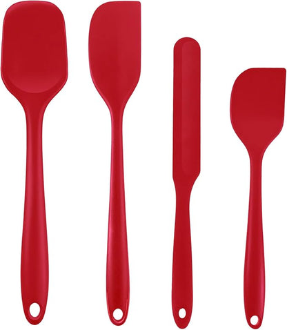 Silicone Spatula Set, Food Grade Rubber Spatula, 4 Pcs Heat Resistant Silicone Spatulas, One Piece Design Non-Stick Kitchen Utensils for Cooking, Stirring, Baking & Mixing, Dishwasher Safe (Red)