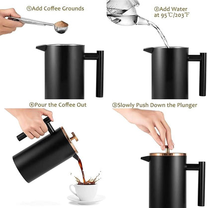 Miuly French Press Coffee Maker, 21Oz Stainless Steel Coffee Press with 3 Level Filtration System, Double Wall Insulated French Press with 4 Filters and 1 Metal Spoon, Black