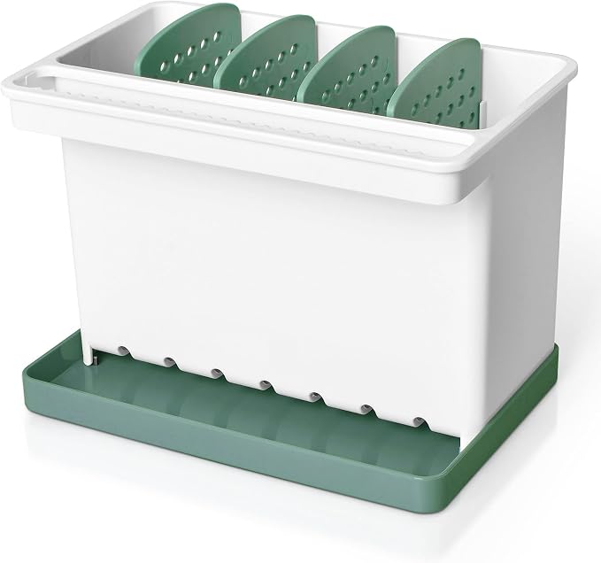 JOMOLA Kitchen Sink Organizer Dish Brush Sponge Holder Caddy Toothbrush Holders for Bathrooms Sinkware Kitchen Utensil Holder Sink Caddy Organizer with 4 Separate Dividers Removable Drain Tray (Green)