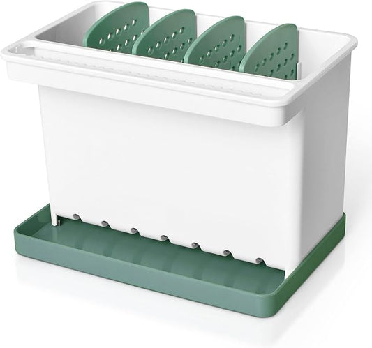 JOMOLA Kitchen Sink Organizer Dish Brush Sponge Holder Caddy Toothbrush Holders for Bathrooms Sinkware Kitchen Utensil Holder Sink Caddy Organizer with 4 Separate Dividers Removable Drain Tray (Green)
