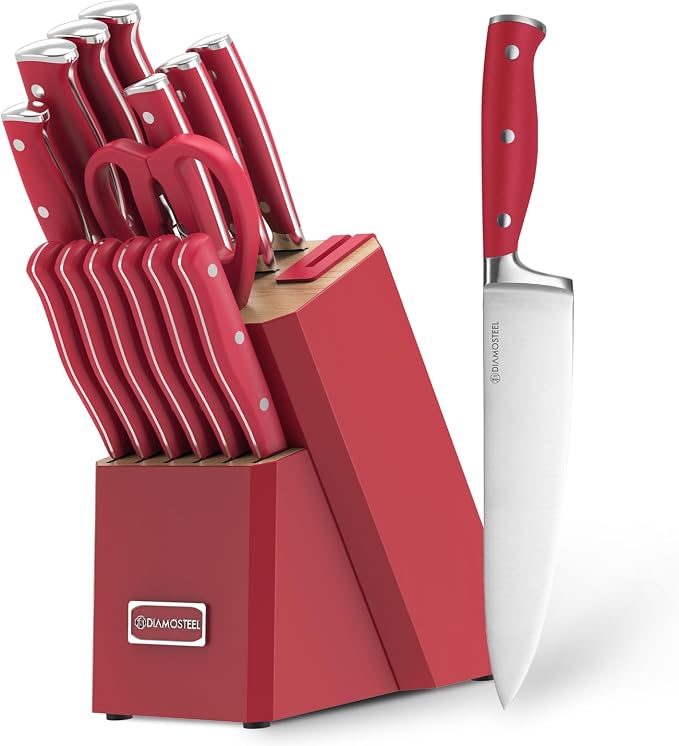 Red Knife Set, 15-Piece Knife Block Set with Built-in Sharpener Scissors for Kitchen, Dishwasher Safe Knives Set Elegant Present for Family & Restaurant