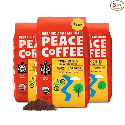 Peace Coffee Twin Cities Signature Blend Ground Dark Roast Coffee, 12 oz, Pack of 3, Organic Fair Trade, Nutty, Bold Flavor, Shade Grown, Fresh Roasted