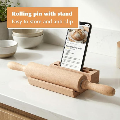Rolling Pin Set for Baking, Wooden Dough Roller with a 24×16 Inch Silicone Mat and Stand, Kitchen Pastry Baking Accessories for Pie Crust, Cookies, Pizza Dough and Bread