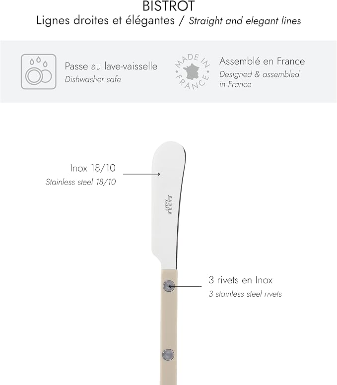 Sabre Paris - Set of 2 Spreader Knives 5.5 inches - Bistrot Collection - Perfect for Butter, Tapenades, Spreads - Stainless Steel & Nylon - Dishwasher Safe - Light Kaki - Brilliant Finish