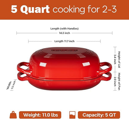 Enameled Cast Iron Sourdough Bread Oven, Dutch Oven, incl. Sourdough Bread-Baking Supplies like Banneton Bread-Proofing Basket - 5QT Loaf Cast Iron Bread Pan for Homemade Bread Baking, Red Meatloaf Pan with Lid