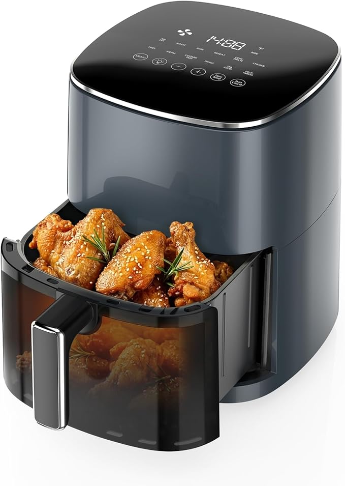 OLIXIS 12-in-1 Air Fryer 6.34 Quarts, Visable Airfryer with Window, 400°F, Roast, Reheat, Dehydrate, Bake, Steam, Fries, Custard, Chicken, Wings, Sea Food, Vegetabels, Grey