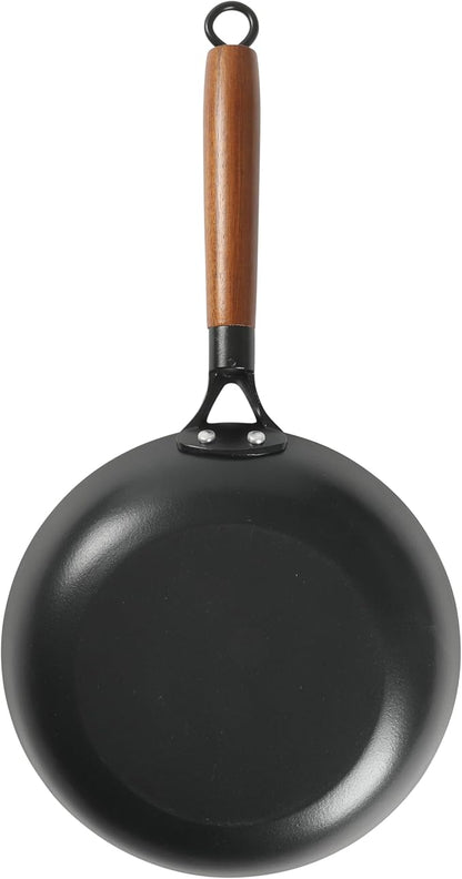 Babish 9.5 Inch Cast Iron Skillet with Wooden Handle, Pre-Seasoned Nonstick Pan with Honeycomb Textured Cooking Surface, Induction Oven Safe Skillet for Searing, Frying Eggs, Steak and Stir Fry