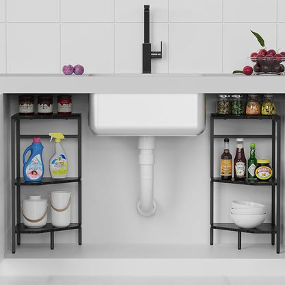 CADUKE Under Pedestal Sink Shelf, 2 Pack Under Sink Organizers and Storage, 3-Tier Pedestal Under Sink Storage Bathroom Vanity, Corner Shelf Stand for Bathroom, Kitchen, Living Room, Black