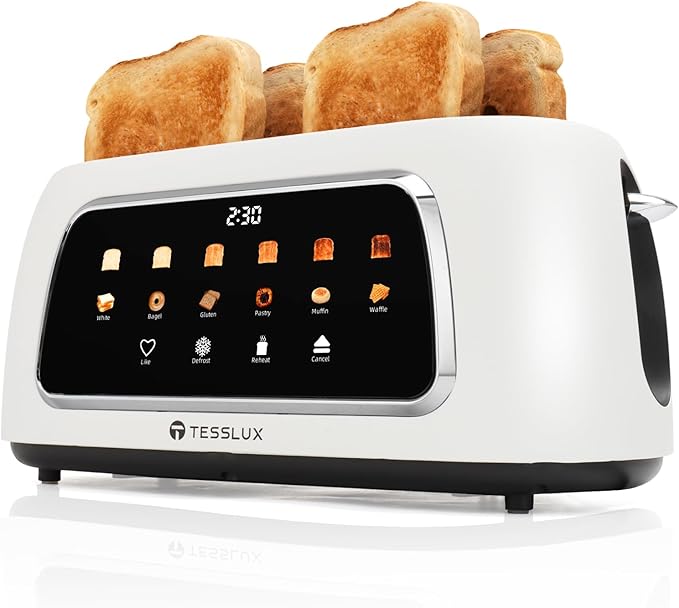 Tesslux 4 Slice Toaster with Touch Screen Control, 1.5" Wide Long Slots, 6 Browning Levels & 6 Bread Types, Digital Timer, Memory, Defrost, Reheat (White, 4 Slice)