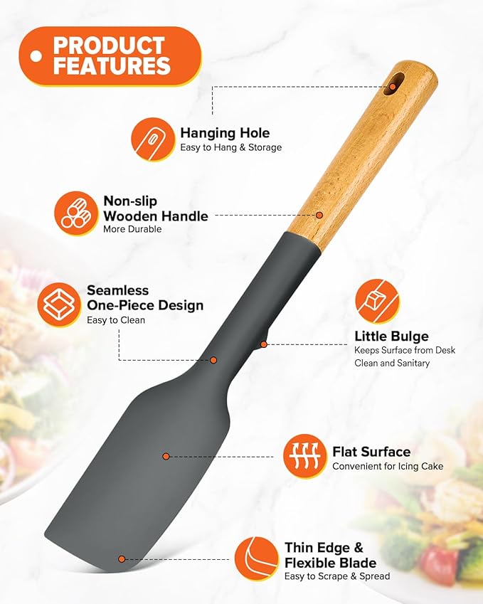 Silicone Heavy-Duty Spatula, Great For Tough Mixing And Stirring, Sturdy Bpa-Free Matte Silicone, Wooden Handle Rubber Scraper For Nonstick Cookwares (GREY)