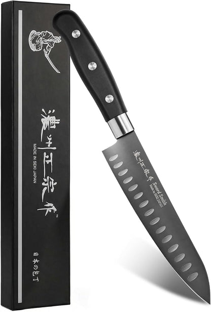 7 Inch Japanese Chef Knife, Made in Japan, High Carbon Molybdenum Stainless Steel Gyuto Knife with Granton Edge Titanium Coated Blade, Kitchen Knife for Slicing Meat