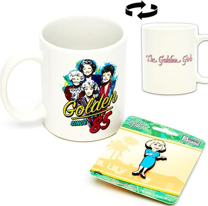 Golden Girls Coffee Mug and Stainless Steel Water Bottle Set - Bundle of 11oz Ceramic Coffee Cup, 34oz Bottle, Enamel Pin, More | Golden Girls Gifts