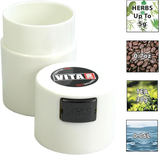 Vitavac - 5g to 20 grams - Patented Airtight Container | Multi-Use Vacuum Seal Portable Storage Container for Dry Goods, Food, and Herbs - White