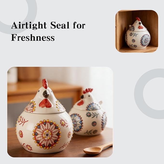 2 PCS,Ceramic Salt Cellar With Lid and Spoon,13-ounce Chicken Salt Shaker,Perfect for Kitchen Decor,Countertop Spice Rack (Red + Blue)
