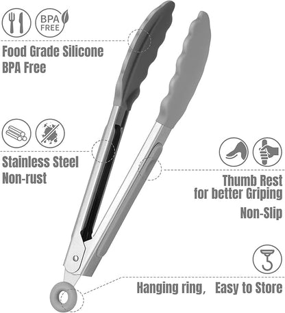 Hotec Mini Silicone Kitchen Tongs for Cooking - 7-Inch Small Serving Tongs with Silicone Tips, Set of 3 (Neutral Color)