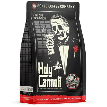 Bones Coffee Company Holy Cannoli, Baked Cannoli Flavored Coffee, Medium Roast Low Acid Arabica Beans Compatible with Auto drip and French Press Coffee Maker, 12 Oz Ground