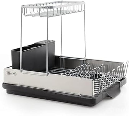 Sabatier Dish Drying Rack with Second Tier, Rust Resistant Wires and Angled Drain Board, Utensil Caddy Compact Dish Drying Rack