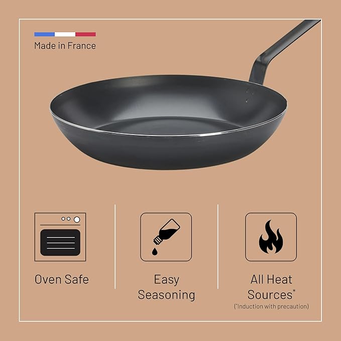 de Buyer - Blue Carbon Steel Fry Pan 2mm Thick - 12.5” Diameter, 9.13” Cooking Surface - Oven Safe - Naturally Non-Stick Finish - Made in France