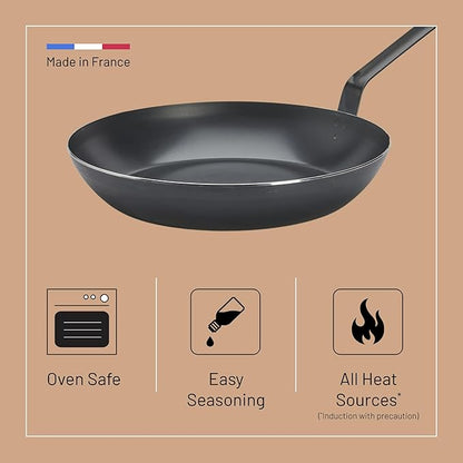 de Buyer - Blue Carbon Steel Fry Pan 2mm Thick - 12.5” Diameter, 9.13” Cooking Surface - Oven Safe - Naturally Non-Stick Finish - Made in France