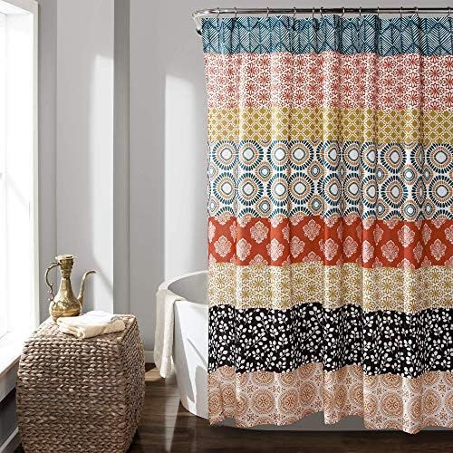Lush Decor Bohemian Stripe Shower Curtain 72" W x 72" L Turquoise & Orange - Bathroom Curtain - Striped Shower Curtain - Boho Decor - Fabric Shower Curtains