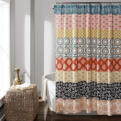 Lush Decor Bohemian Stripe Shower Curtain 72" W x 72" L Turquoise & Orange - Bathroom Curtain - Striped Shower Curtain - Boho Decor - Fabric Shower Curtains