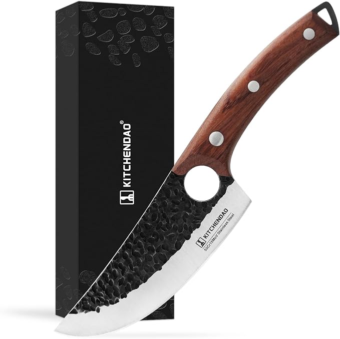 KITCHENDAO Chef Knife 6 Inch Super Sharp Viking Knife with Finger Hole Full Tang Kitchen Knife with Ergonomic Rosewood Handle for Slicing, Deboning and Cutting, Gift Box for Family and Friends