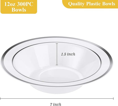 Goodluck 300 Pack Plastic Bowls with Silver Rim, 12oz Disposable Soup Bowls, Heavy Duty Dessert Bowls for Weddings, Parties, Dinners, Catering, and Everyday Use