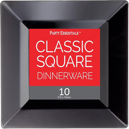Party Essentials 10-Count Hard Plastic 9.5" Classic Square Lunch/Dinner Plates, Black