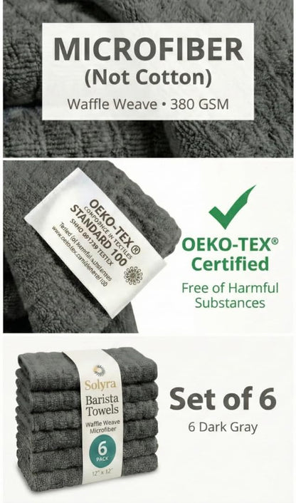 Solyra Barista Towels, 6 Pack, 12" x 12", Dark Gray | Oeko-Tex Certified, Microfiber Cloth, Coffee Towel