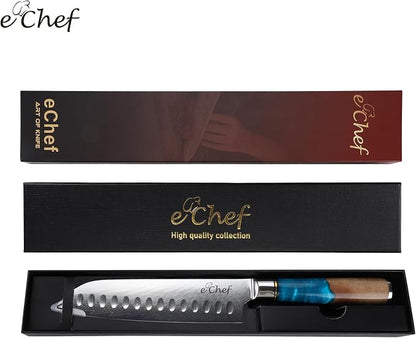 7-inch Santoku Knife, Professional Damascus VG10 Steel Kitchen Chef Knife, Wood Grain Resin Handle, Comes with Gift Box (7.5-inch Santoku knife)