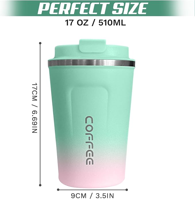 SPLMIFA Travel Coffee Mug Leak-Proof, Reusable Coffee Cups with Lids, Stainless Steel Vacuum Insulated Coffee Tumblers, Thermal Insulation Cup for Men and Women Hot & Cold Drinks(2nd-Green Pink, 17OZ)