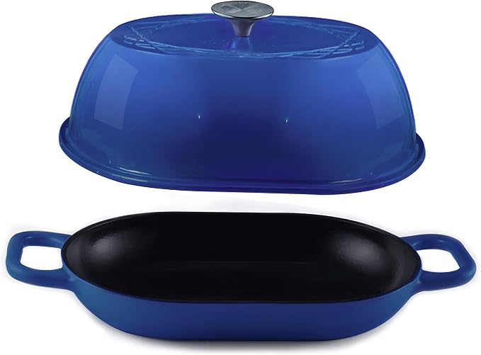 Krustic Enameled Cast Iron Dutch Oven for Professional Sourdough Bread Baking | 5.5 Quart Loaf Size Oval Cookware Pot with Lid | Triple-Layer Enamel Coating Pan with Non Stick Silicone Mat | Blue