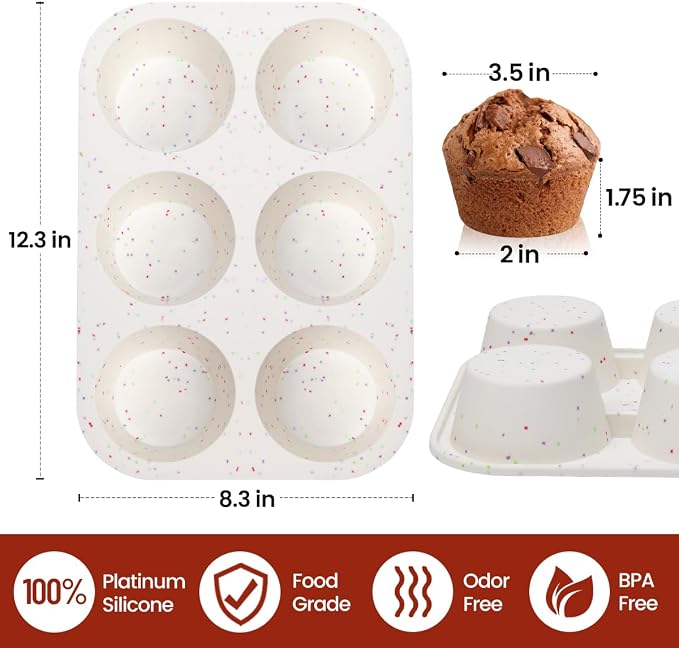 CAKETIME Jumbo Muffin Pan, 3.5 Inch Large Muffin Pan 6 Cup Silicone Jumbo Muffin Tin for Baking Giant Homemade Muffins, Cupcakes, Frittatas Non Stick 1 Pack Confetti