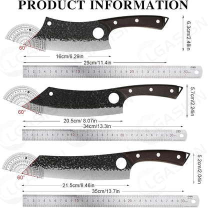 6PCS Hand Forged Kitchen Knife Set, High Carbon Steel Chef Knives with Wenge Wood Handle, Sharp Cleaver & Butcher Knives Set for Kitchen Cooking, Hammered Blade, Leather Sheaths Included