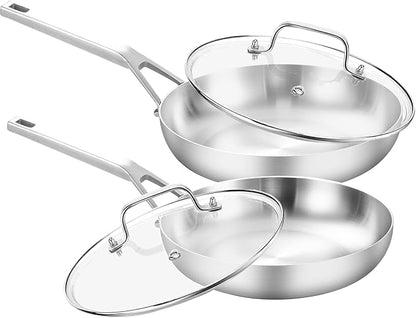Yeksum Tri - Ply Stainless Steel Frying Pan Set 8" 10" Skillets with Tempered Glass Lids Durable, Ideal for Eggs, Induction Compatible up to 600°F