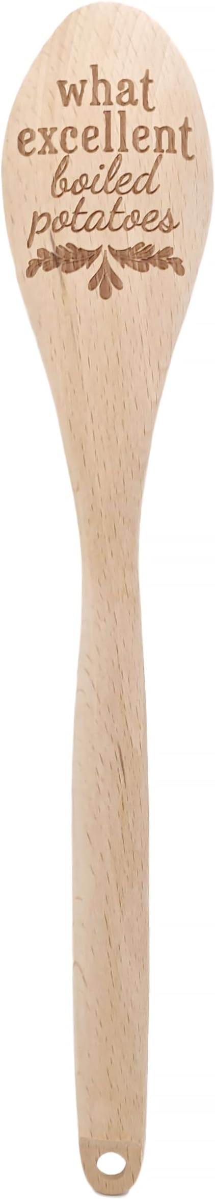 Jane Austen Wooden Spoon with Red Gift Bow – Pride and Prejudice Quote “What Excellent Boiled Potatoes” – Funny Literary Kitchen Utensil & Gift for Book Lovers