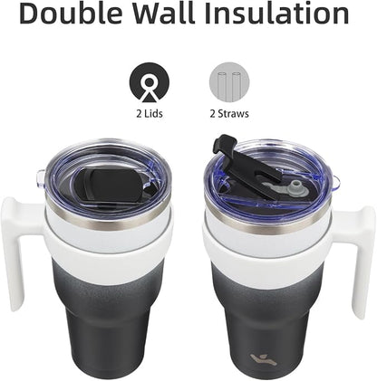 Konokyo 30 oz Tumbler with Handle and 2 Straw 2 Lid, Insulated Water Bottle Stainless Steel Vacuum Cup Reusable Travel Mug,Day Night