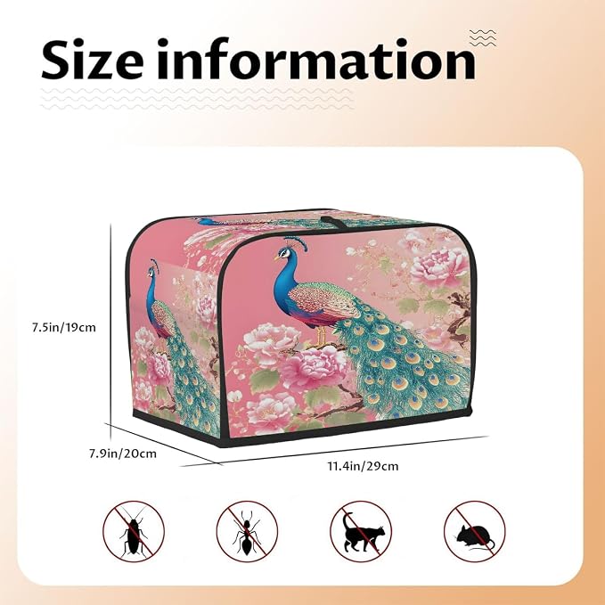 2 Slice Pink Flower Peacock Toaster Cover Waterproof Dust Fingerprint Bread Machine Cover Washable Kitchen Appliance Protector For Home Kitchen Bakeware Table Decor Women Gifts